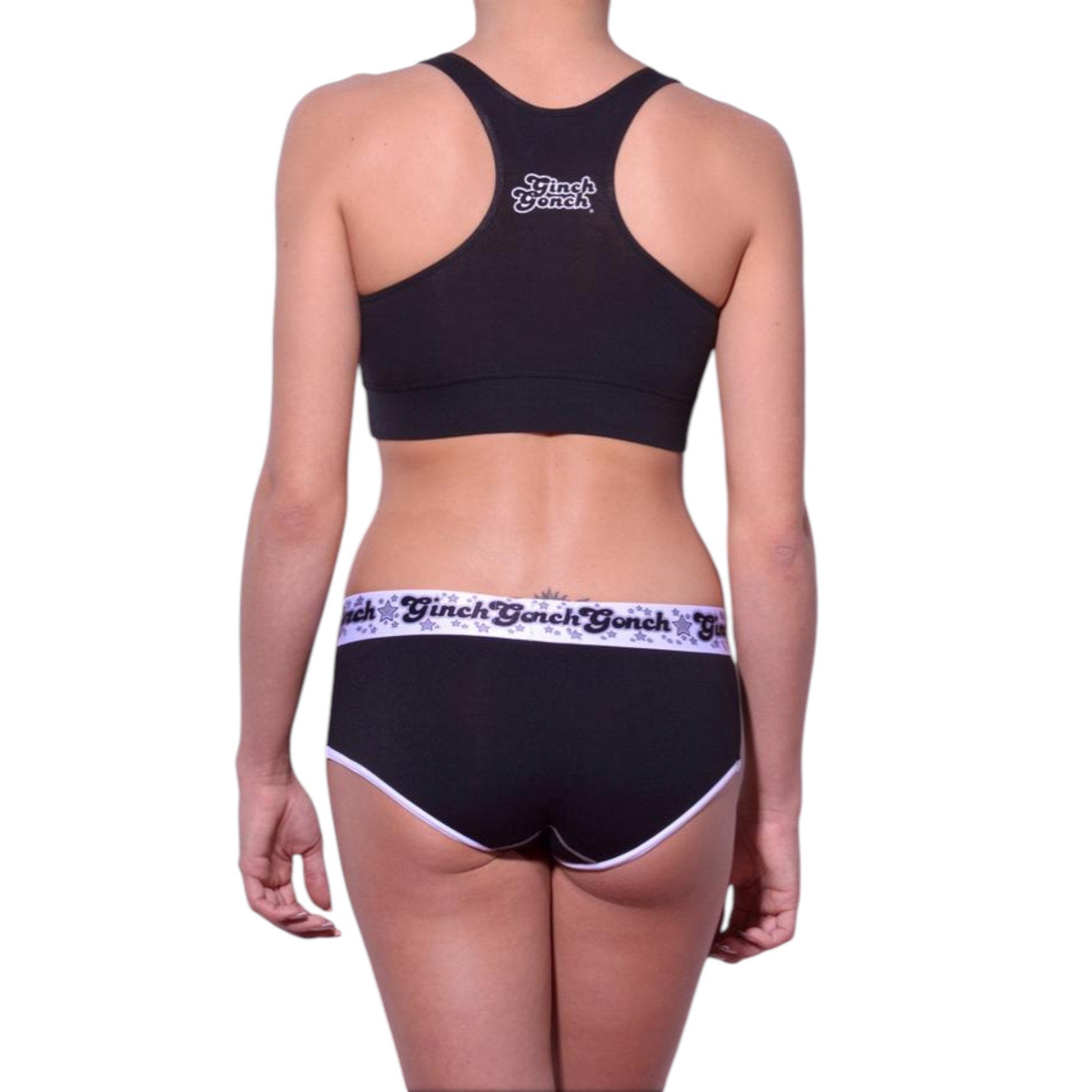 Ginch Gonch Women’s "Black Magic" Sports Bra – Sleek Solid Black Cotton Racerback Activewear