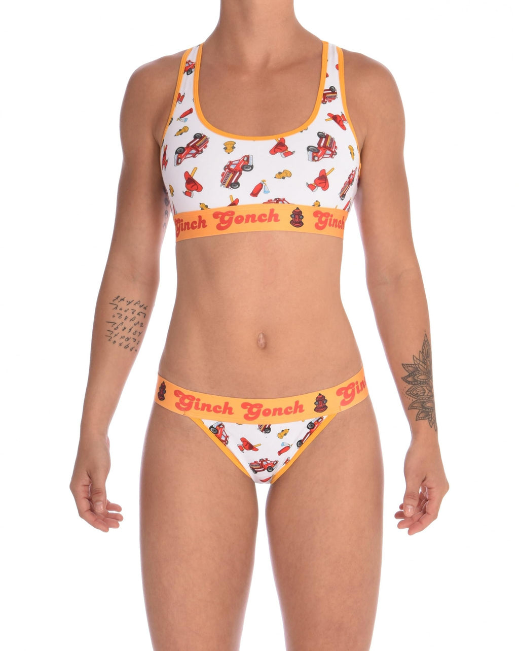 Full body front view of Ginch Gonch GG Fire Fighters sports bra showing racerback design and firefighter print stretch cotton along with a matching sports bra.