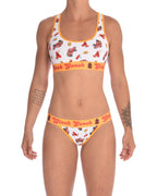 Full body front view of Ginch Gonch GG Fire Fighters sports bra showing racerback design and firefighter print stretch cotton along with a matching sports bra.