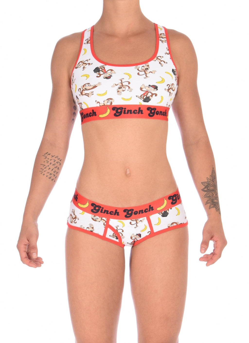 Full body view of a model wearing a Ginch Gonch Gone Bananas boyfriend briefs showing full seat coverage and monkey print stretch cotton.