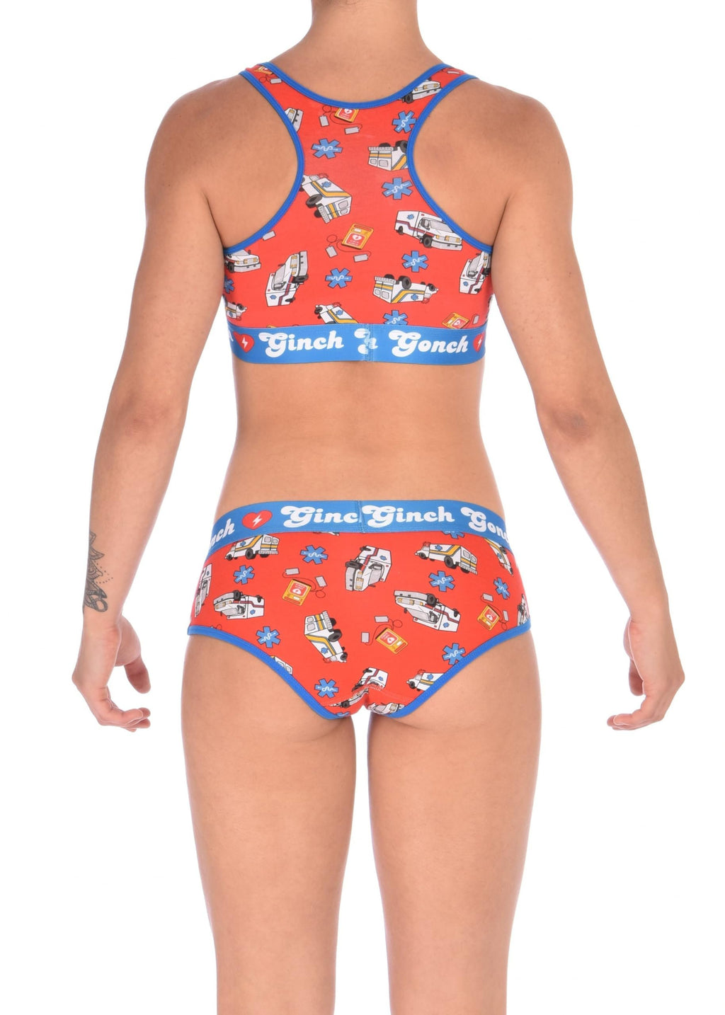 Showing the back of rear view of Ginch Gonch GG EMT boyfriend briefs showing full seat coverage and medical print stretch cotton