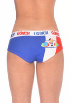 Back view of Ginch Gonch I Love Paris gogo white multi briefs showing anti-muffin waistband and Paris print stretch cotton worn by a model.