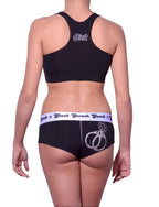 Rear view of rear view of Ginch Gonch Book'em gogo briefs showing anti-muffin waistband and police print stretch cotton