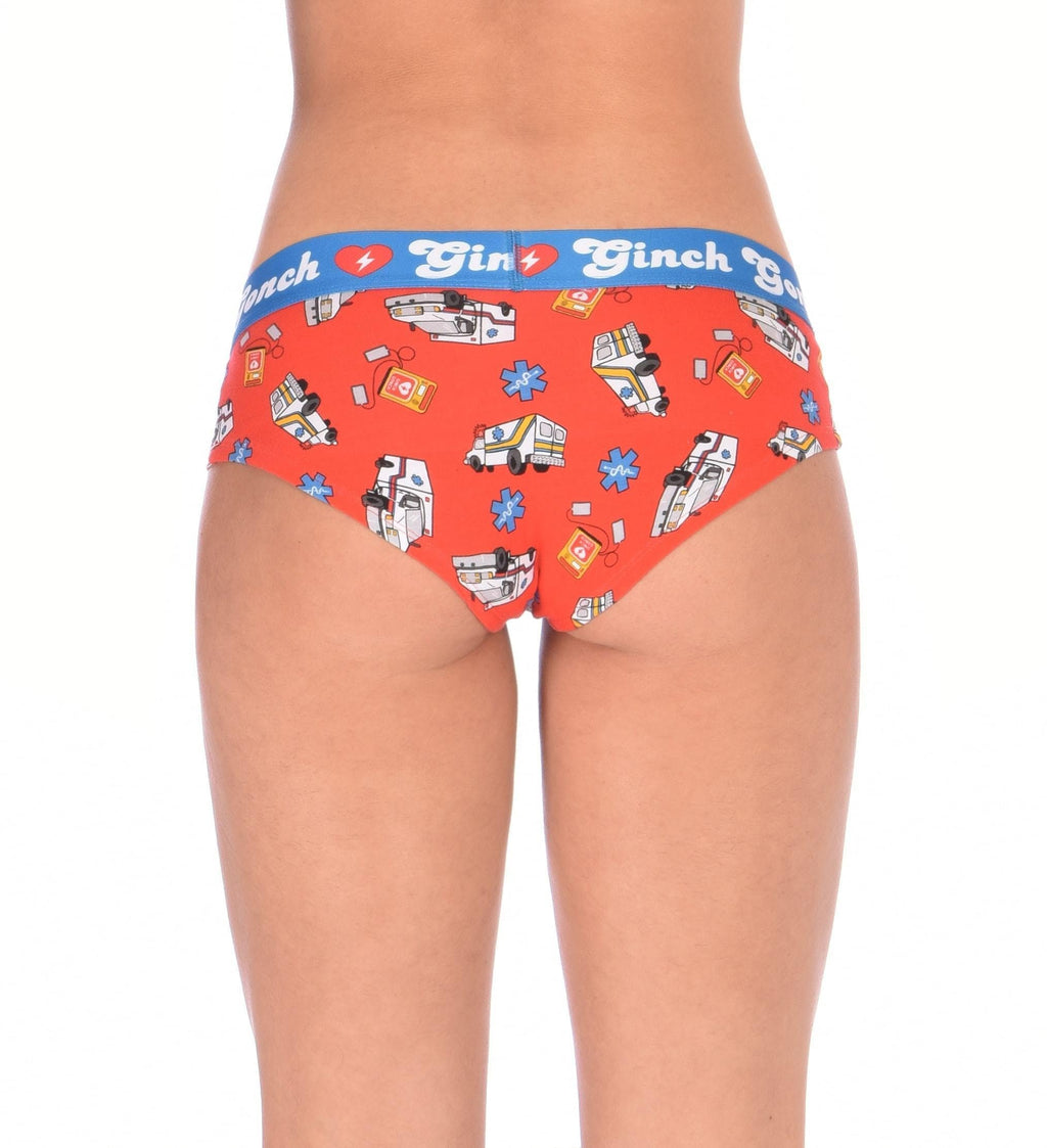 Rear view of a model sporting a Ginch Gonch GG EMT gogo briefs showing anti-muffin waistband and medical print stretch cotton.