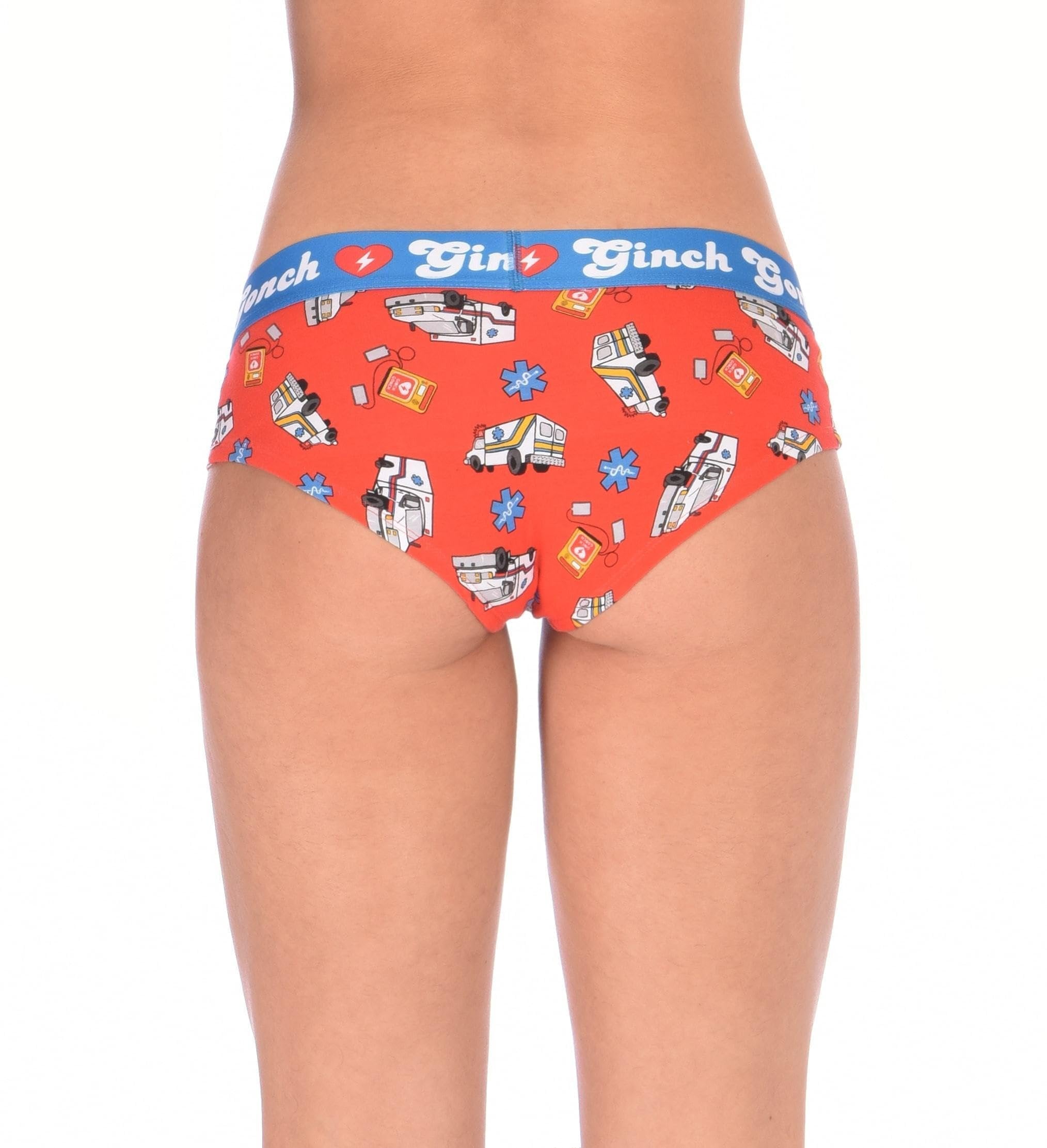 Rear view of a model sporting a Ginch Gonch GG EMT gogo briefs showing anti-muffin waistband and medical print stretch cotton.