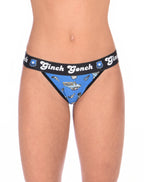 Ginch Gonch GG Patrol Women's blue multicolor thong in playful old-school police print, 4-way stretch cotton, anti-muffin waistband worn by a model.