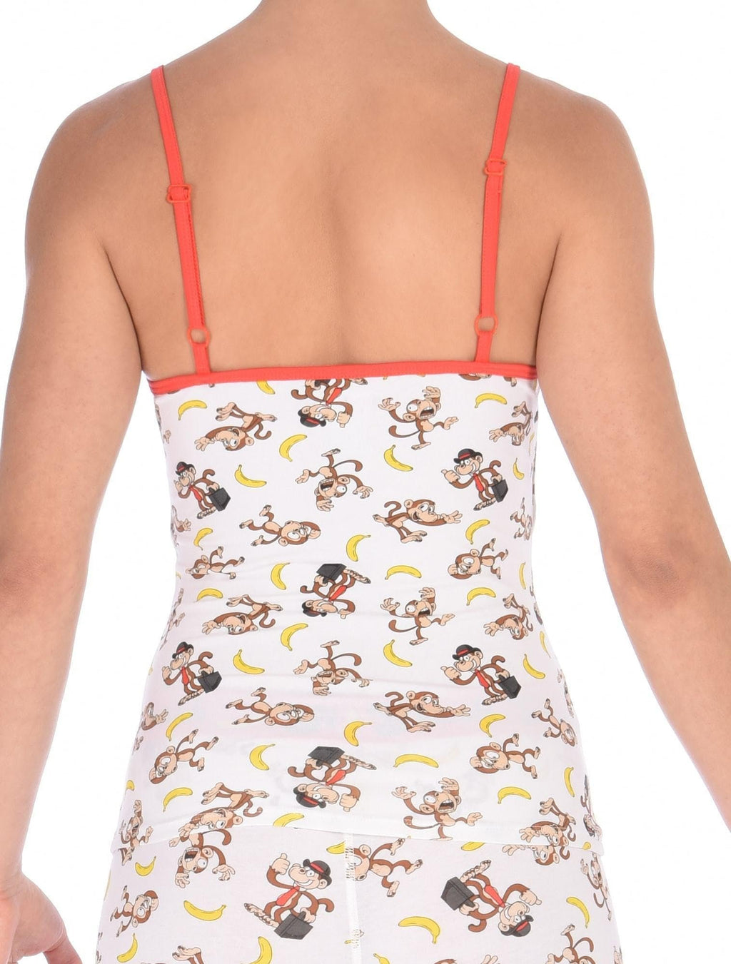 Rear view of a model wearing a Ginch Gonch Gone Bananas cami showing adjustable straps and monkey print cotton fabric.