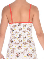 Rear view of a model wearing a Ginch Gonch Gone Bananas cami showing adjustable straps and monkey print cotton fabric.