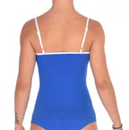 Showing the back of a model wearing Ginch Gonch Blue Lagoon cami with adjustable straps and solid royal blue stretch cotton fabric
