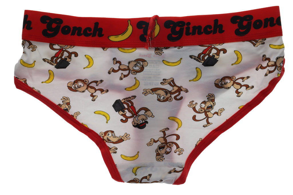 Rear view of a flat lay of Ginch Gonch Gone Bananas boyfriend briefs showing full seat coverage and monkey print stretch cotton.