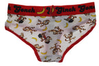 Rear view of a flat lay of Ginch Gonch Gone Bananas boyfriend briefs showing full seat coverage and monkey print stretch cotton.