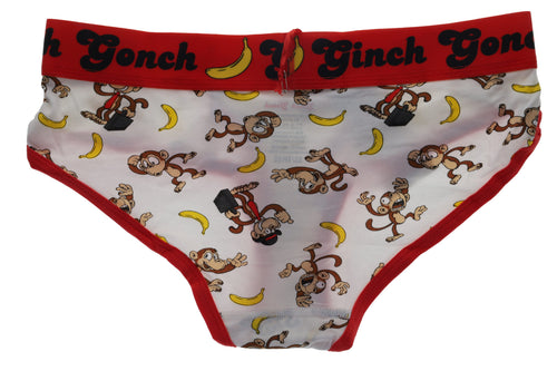 Rear view of a flat lay of Ginch Gonch Gone Bananas boyfriend briefs showing full seat coverage and monkey print stretch cotton.
