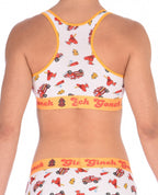 Rear view of a model wearing a Ginch Gonch GG Fire Fighters sports bra showing racerback design and firefighter print stretch cotton.