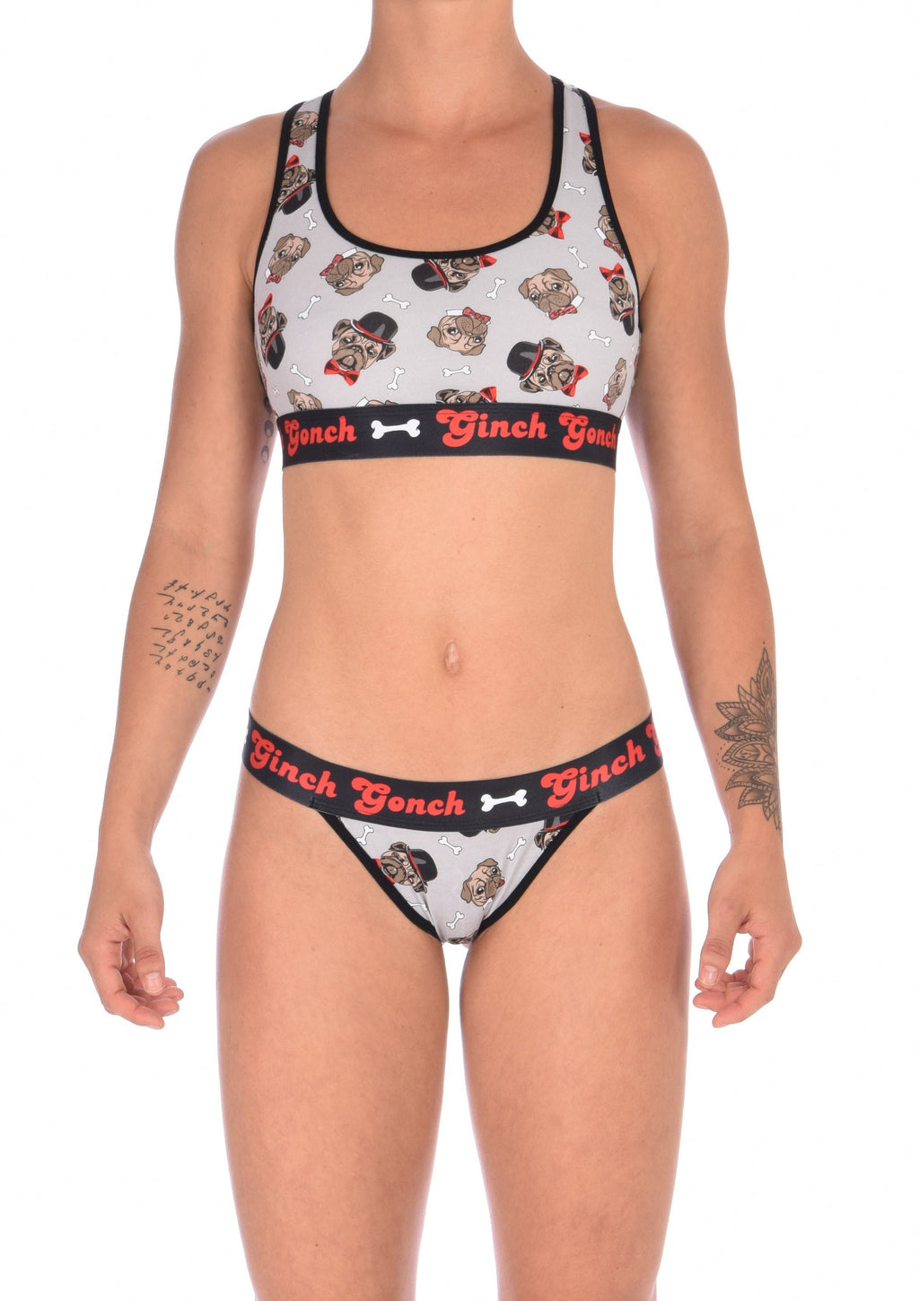 Seen from behind, rear view of Ginch Gonch Pug Life thong showing minimal coverage and playful pug print stretch cotton