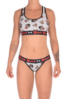 Seen from behind, rear view of Ginch Gonch Pug Life thong showing minimal coverage and playful pug print stretch cotton