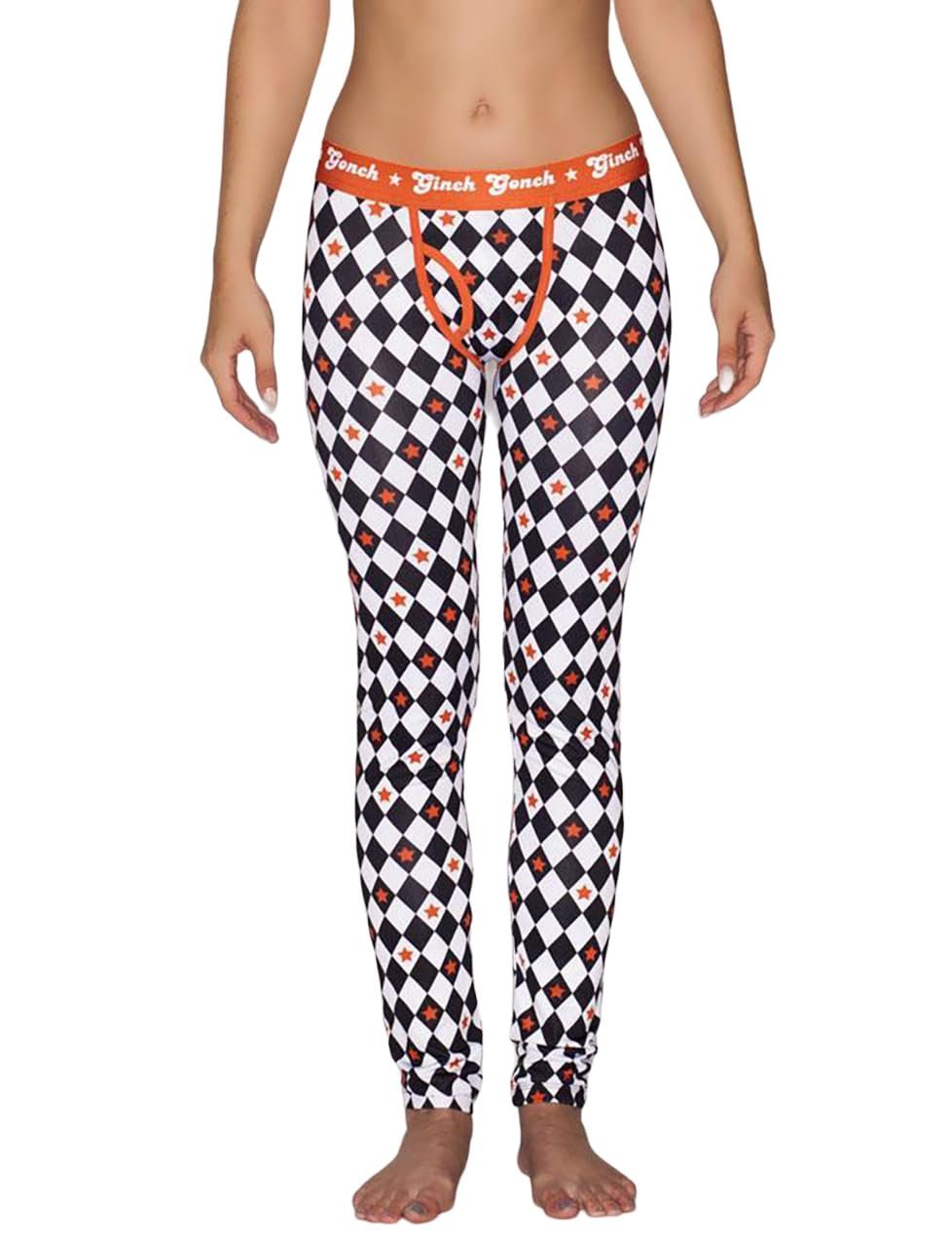 Ginch Gonch Backstage Pass Women's leggings in edgy diamond argyle print, 4-way stretch cotton with anti-muffin waistband, worn by model