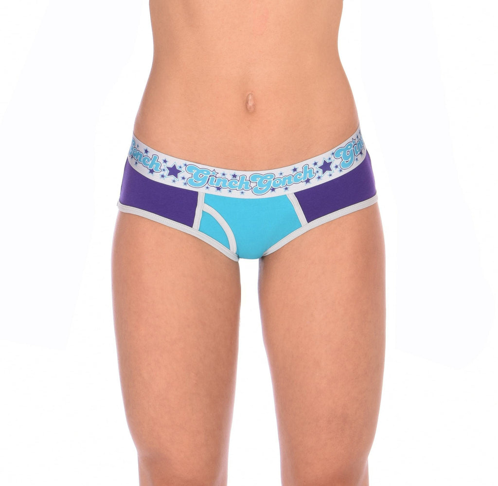 Ginch Gonch Purple Haze Women's boyfriend briefs in bold color block design, 4-way stretch cotton full coverage fit, worn by model