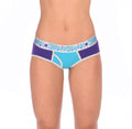 Ginch Gonch Purple Haze Women's boyfriend briefs in bold color block design, 4-way stretch cotton full coverage fit, worn by model