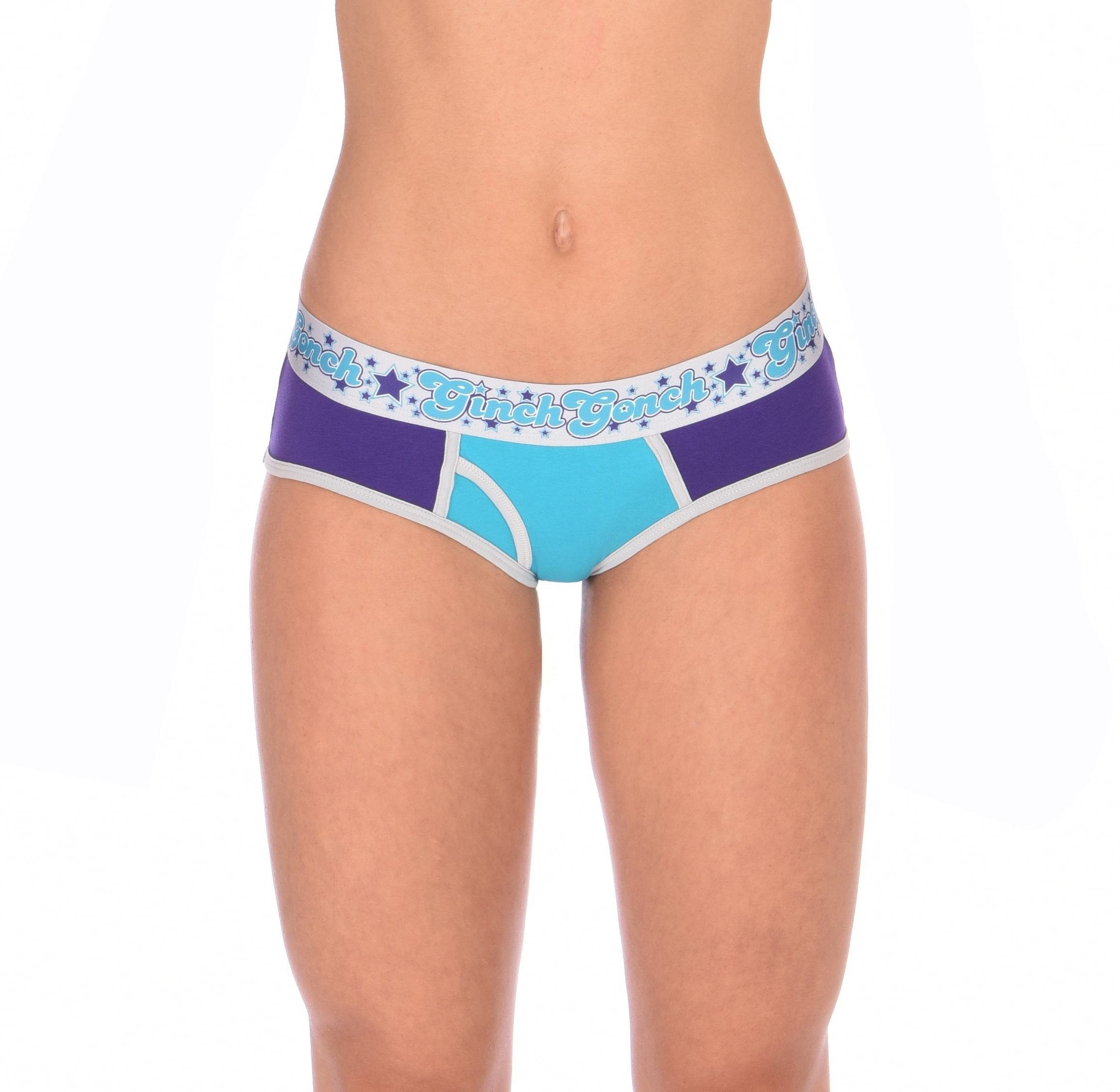 Ginch Gonch Purple Haze Women's boyfriend briefs in bold color block design, 4-way stretch cotton full coverage fit, worn by model