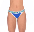 Ginch Gonch Blue Lagoon Women's thong in vibrant royal blue 4-way stretch cotton, anti-muffin waistband, minimal coverage, worn by model

