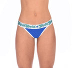 Ginch Gonch Blue Lagoon Women's thong in vibrant royal blue 4-way stretch cotton, anti-muffin waistband, minimal coverage, worn by model
