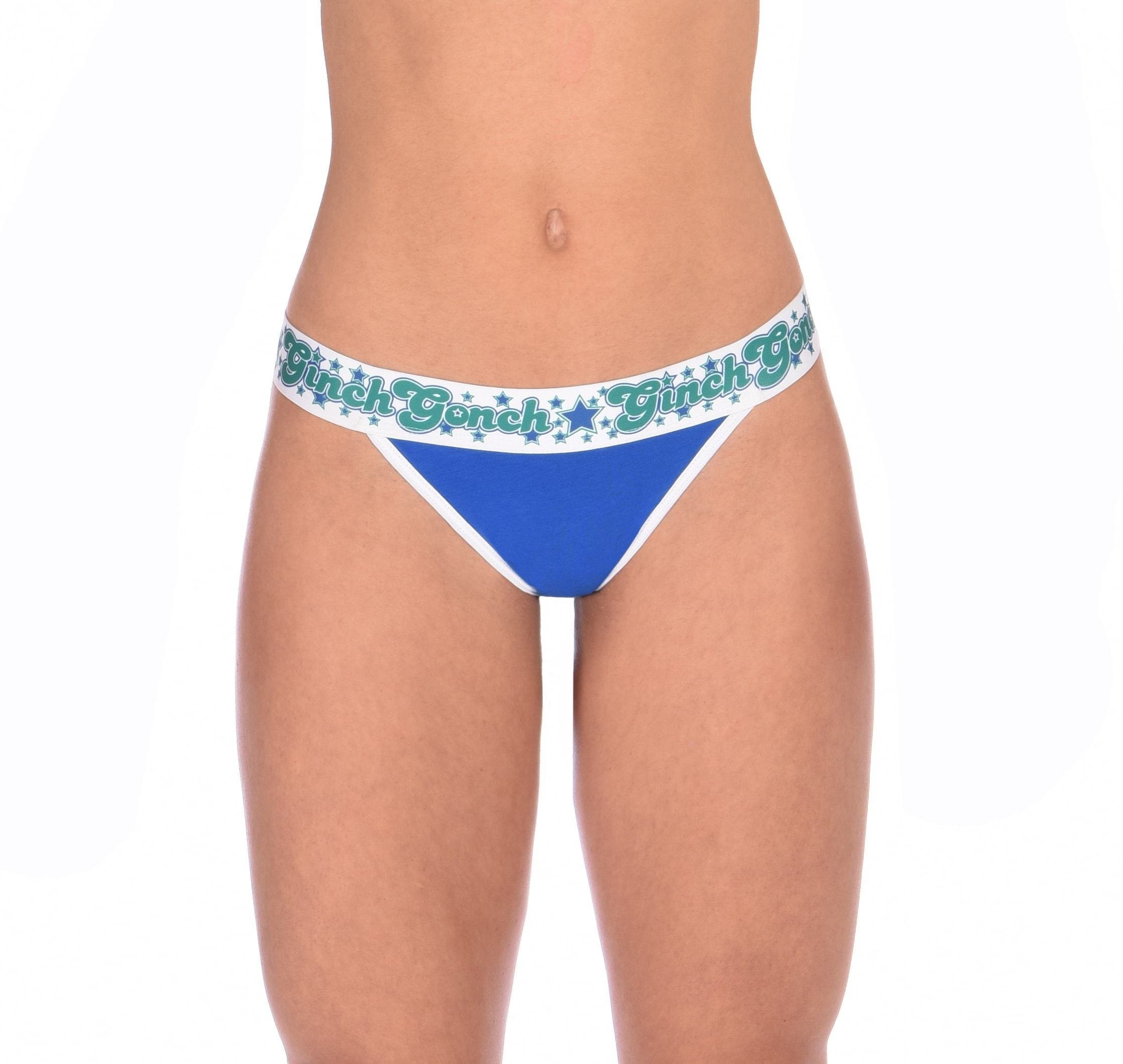 Ginch Gonch Blue Lagoon Women's thong in vibrant royal blue 4-way stretch cotton, anti-muffin waistband, minimal coverage, worn by model

