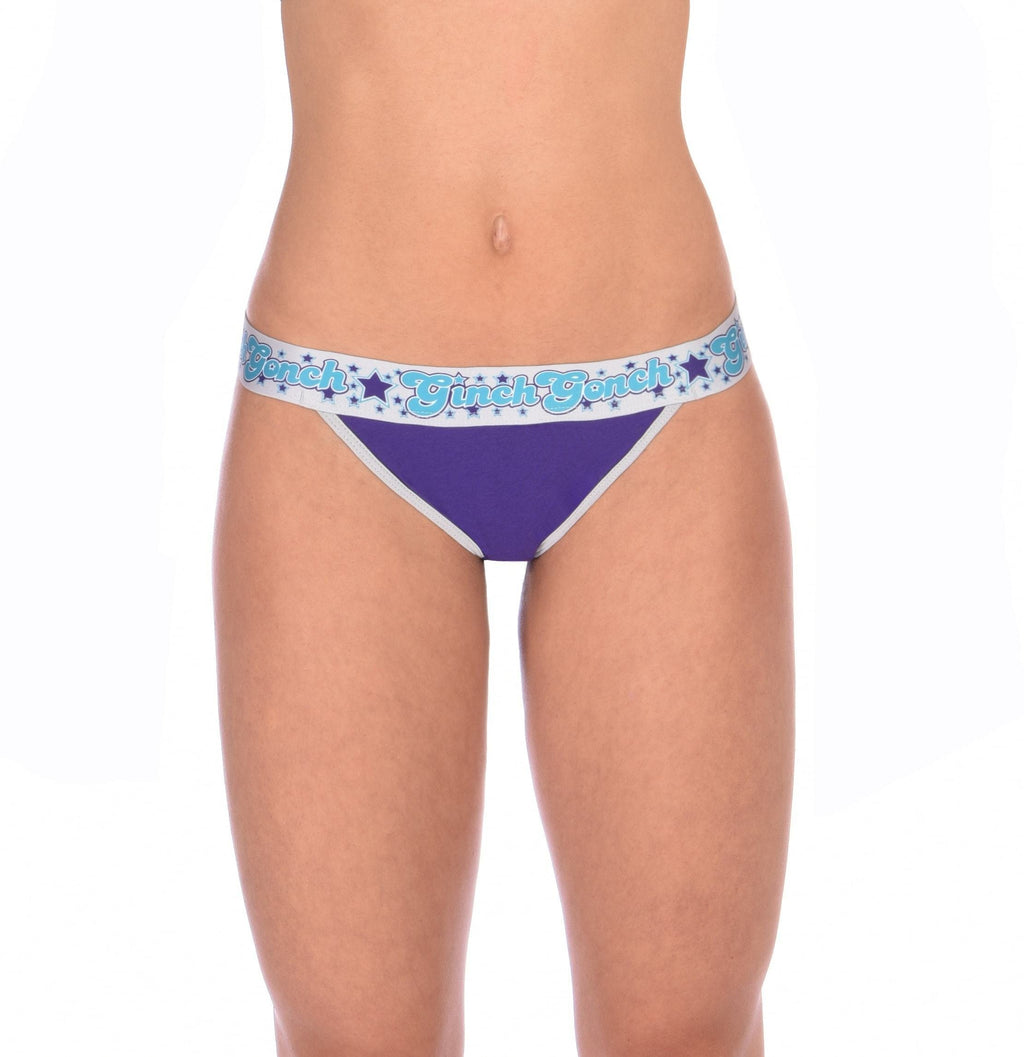 Ginch Gonch Purple Haze Women's thong in vibrant violet color design, soft 4-way stretch cotton, anti-muffin waistband, worn by a model.