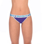 Ginch Gonch Purple Haze Women's thong in vibrant violet color design, soft 4-way stretch cotton, anti-muffin waistband, worn by a model.