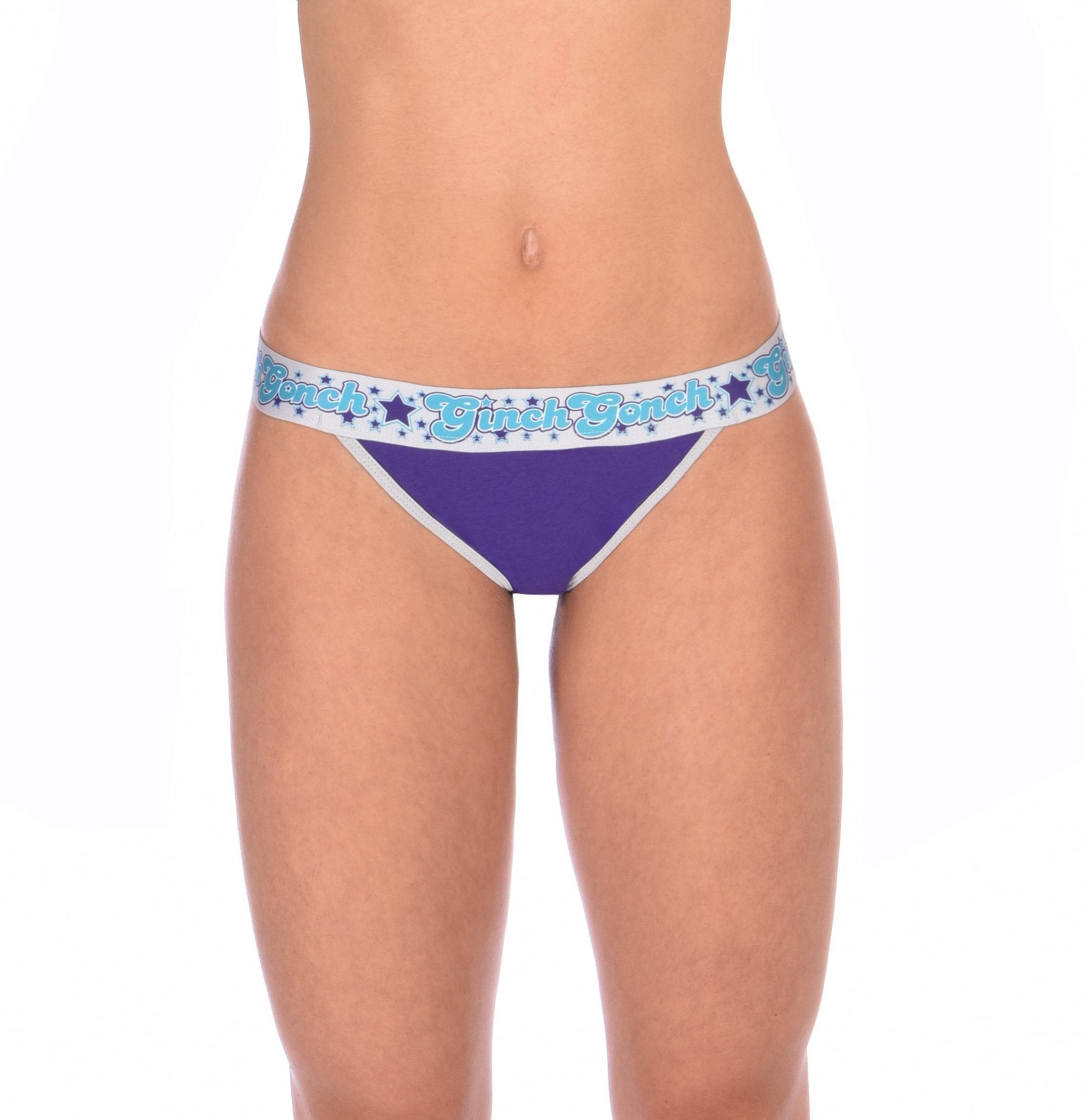 Ginch Gonch Purple Haze Women's thong in vibrant violet color design, soft 4-way stretch cotton, anti-muffin waistband, worn by a model.