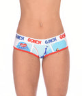 Ginch Gonch I Love Paris Women's white multi boyfriend briefs in Eiffel Tower graphic print, 4-way stretch cotton full coverage worn by a model.