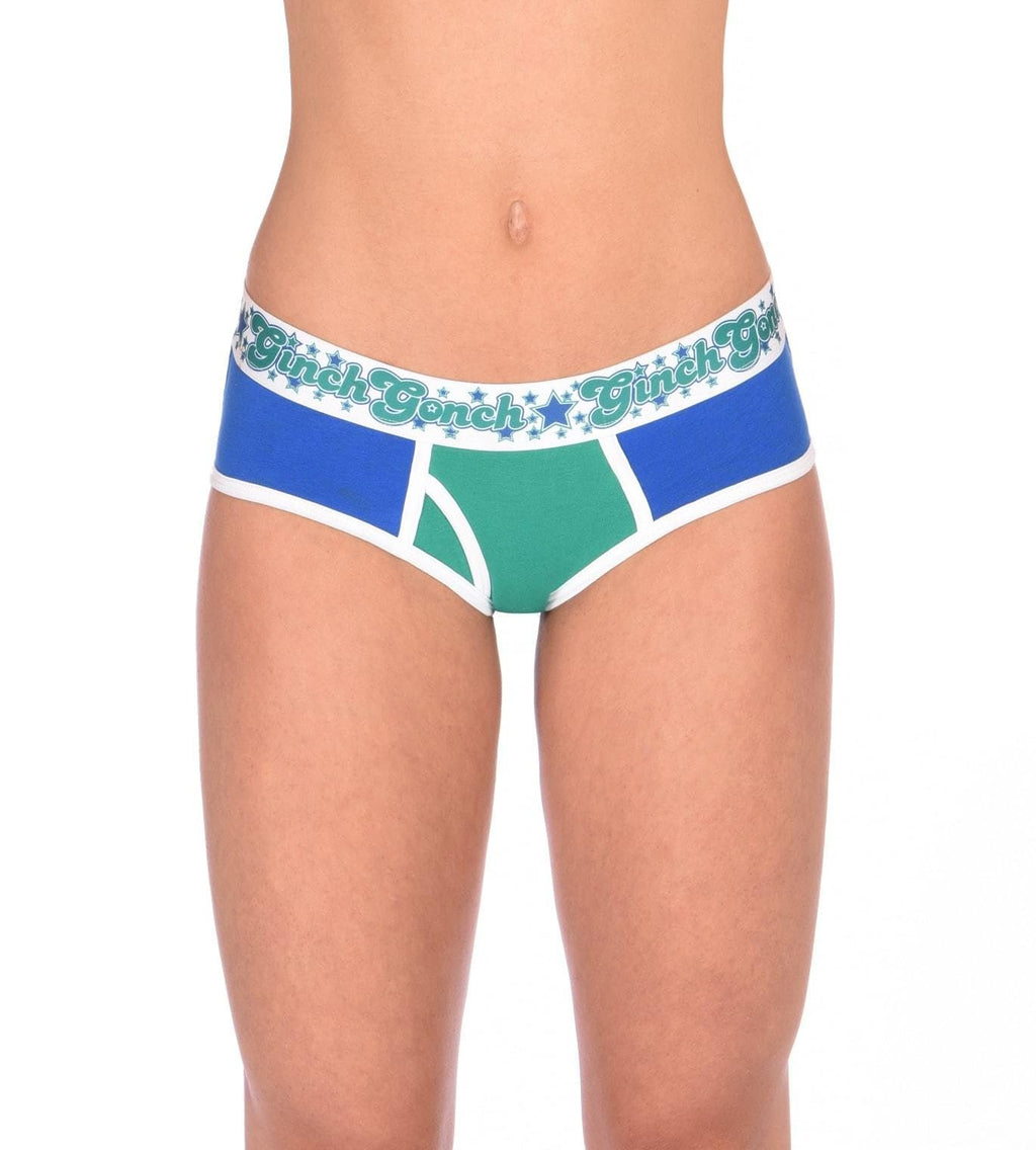 Ginch Gonch Blue Lagoon Women's boyfriend briefs in vibrant royal blue 4-way stretch cotton, full coverage boy short fit, worn by model
