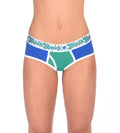 Ginch Gonch Blue Lagoon Women's boyfriend briefs in vibrant royal blue 4-way stretch cotton, full coverage boy short fit, worn by model
