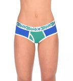 Ginch Gonch Blue Lagoon Women's boyfriend briefs in vibrant royal blue 4-way stretch cotton, full coverage boy short fit, worn by model
