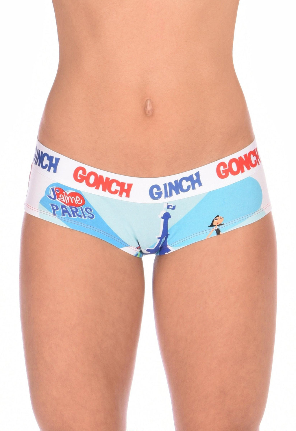Ginch Gonch I Love Paris Women's gogo briefs in Eiffel Tower white multicolor graphic print, 4-way stretch cotton low-rise bikini cut worn by a model.