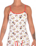 Ginch Gonch Gone Bananas Women's camisole in playful monkey and banana print in white multicolor, 4-way stretch cotton with adjustable straps worn by a model.