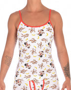 Ginch Gonch Gone Bananas Women's camisole in playful monkey and banana print in white multicolor, 4-way stretch cotton with adjustable straps worn by a model.