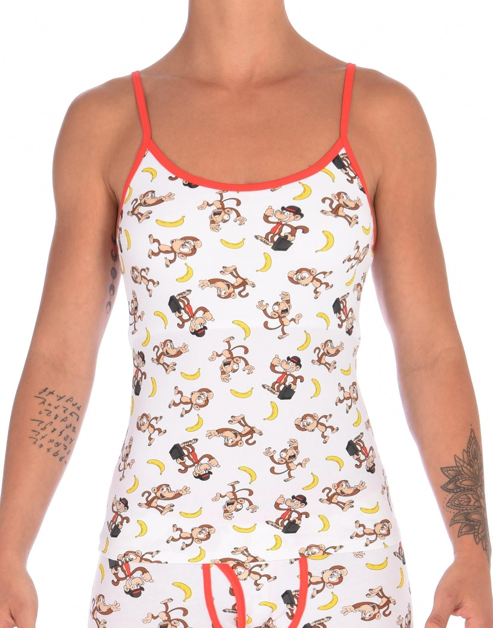 Ginch Gonch Gone Bananas Women's camisole in playful monkey and banana print in white multicolor, 4-way stretch cotton with adjustable straps worn by a model.