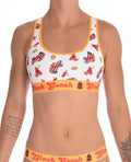 Ginch Gonch GG Fire Fighters Women's sports bra in bold firefighter print, 4-way stretch cotton racerback bralette worn by model.