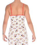 From the back of a model wearing a Ginch Gonch Gone Bananas cami showing adjustable straps and monkey print cotton fabric.