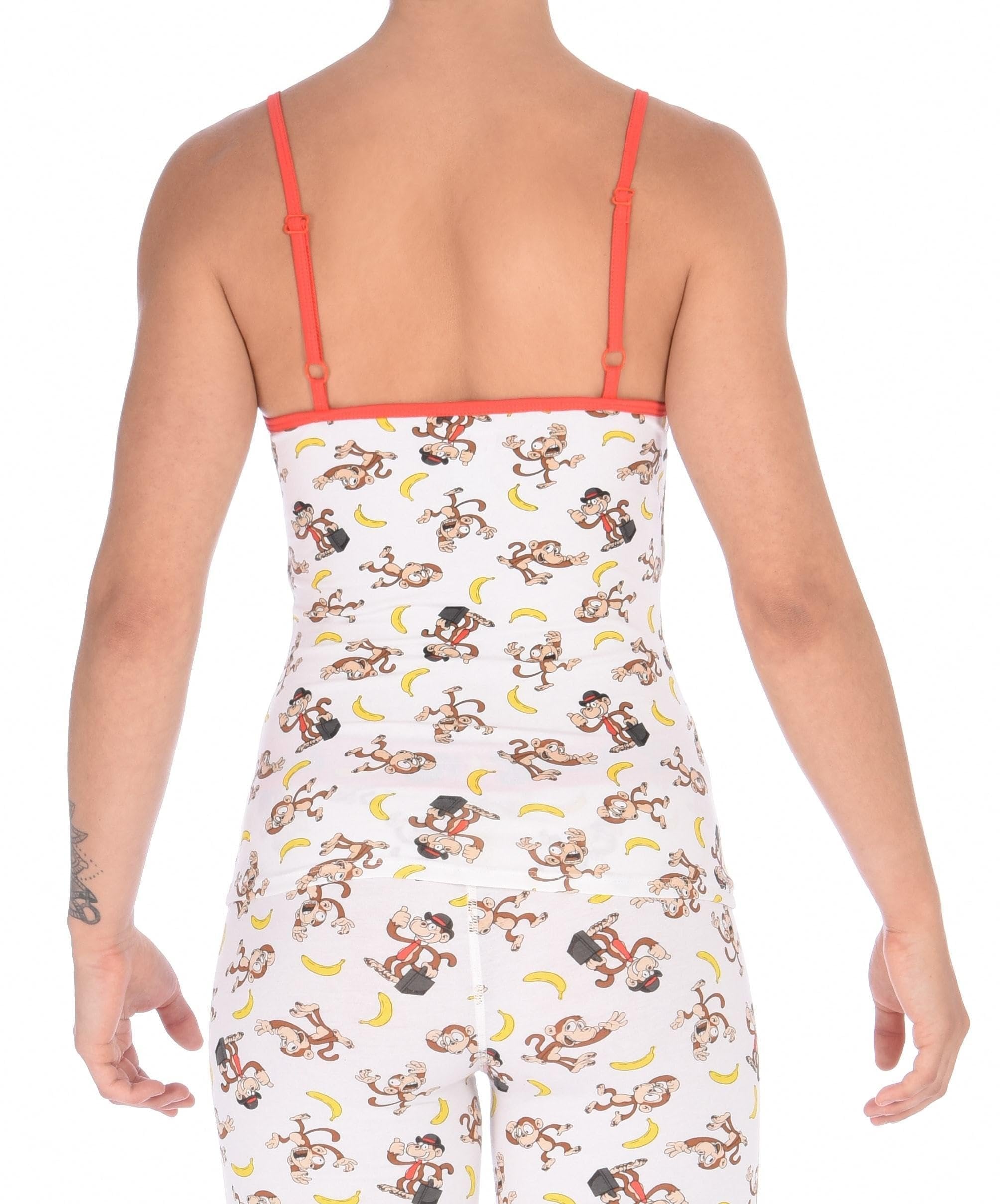 From the back of a model wearing a Ginch Gonch Gone Bananas cami showing adjustable straps and monkey print cotton fabric.