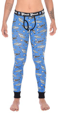 Ginch Gonch GG Patrol Women's blue multicolor leggings in old-school police print, 4-way stretch cotton with anti-muffin waistband worn by a model.