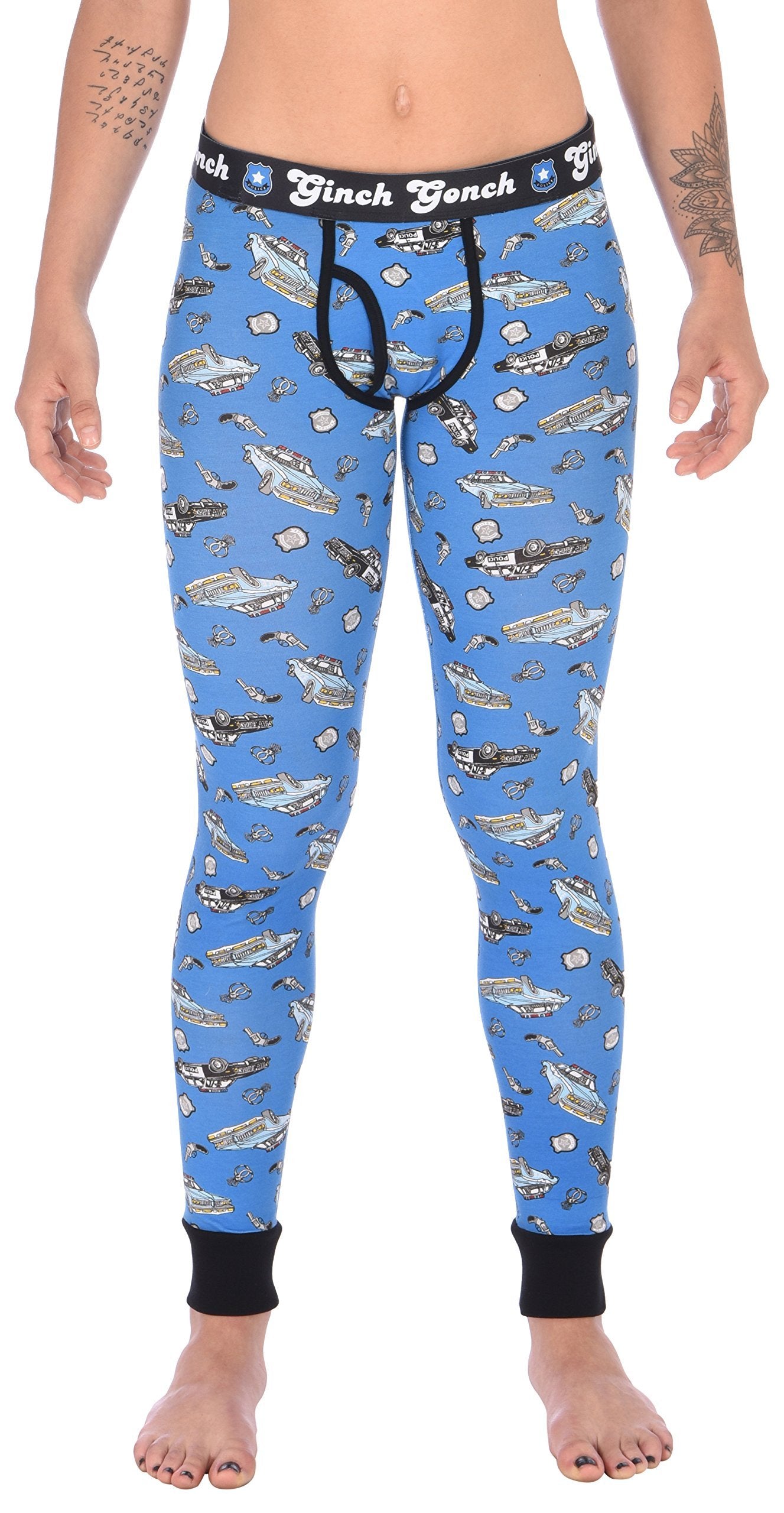 Ginch Gonch GG Patrol Women's blue multicolor leggings in old-school police print, 4-way stretch cotton with anti-muffin waistband worn by a model.