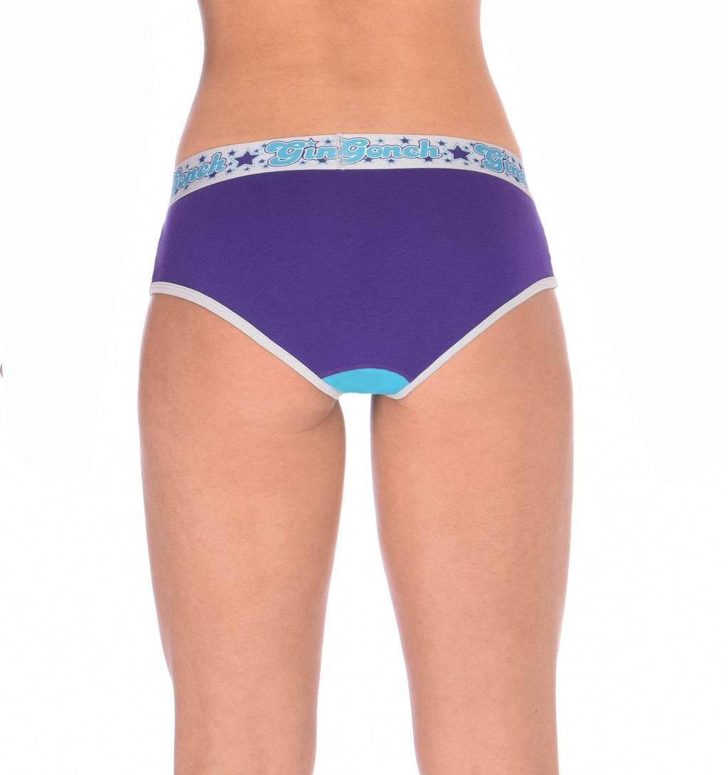 Rear view of rear view of Ginch Gonch Purple Haze boyfriend briefs showing full seat coverage and color block stretch cotton