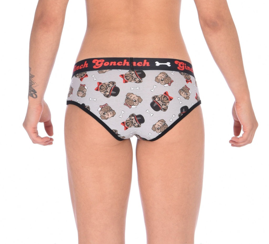 Rear view of a model wearing a Ginch Gonch Pug Life grey boyfriend briefs showing full seat coverage and pug print stretch cotton fabric.