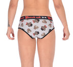 Rear view of a model wearing a Ginch Gonch Pug Life grey boyfriend briefs showing full seat coverage and pug print stretch cotton fabric.
