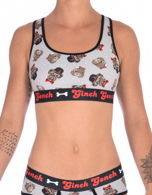 Rear view of rear view of Ginch Gonch Pug Life sports bra showing racerback design and pug print stretch cotton fabric