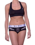 Ginch Gonch Book'em Women's gogo briefs in playful police patrol print, 4-way stretch cotton low-rise bikini cut, worn by model