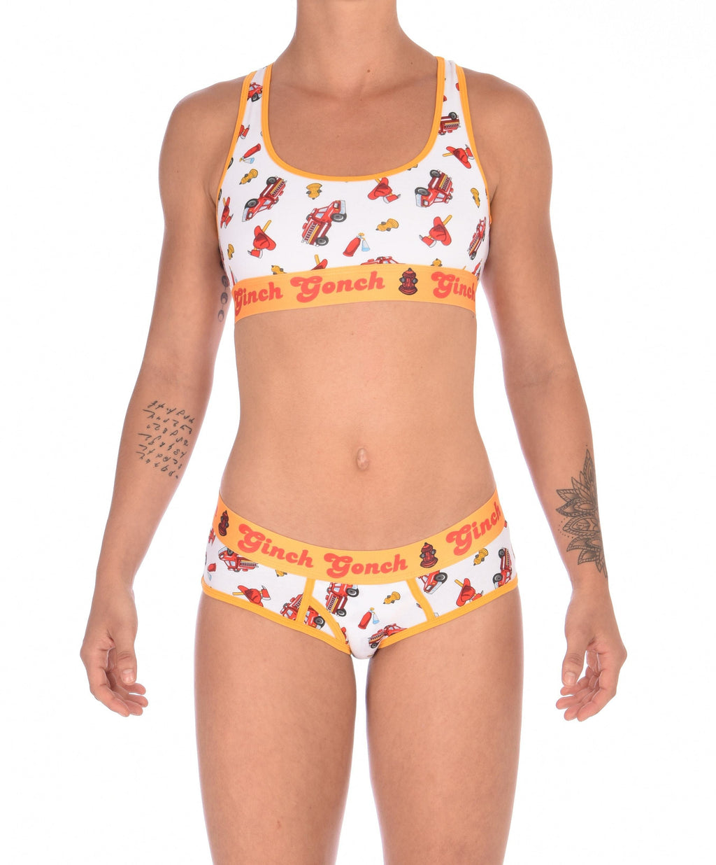 Full outfit view of Ginch Gonch GG Fire Fighters boyfriend briefs showing full seat coverage and firefighter print cotton set with a matching sports bra.