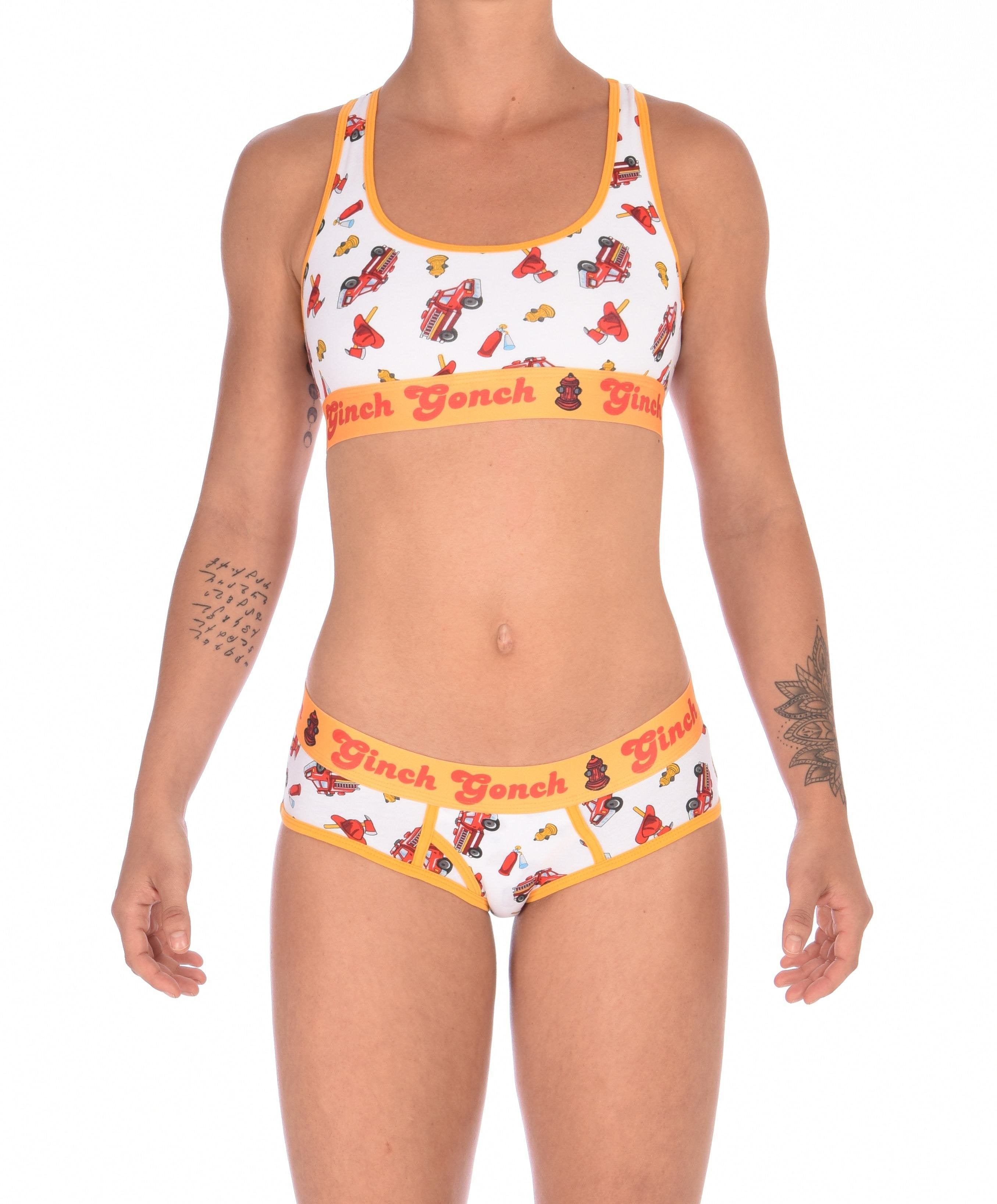 Full outfit view of Ginch Gonch GG Fire Fighters boyfriend briefs showing full seat coverage and firefighter print cotton set with a matching sports bra.