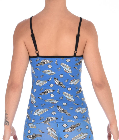 Rear view of model wearing a Ginch Gonch GG Patrol cami showing adjustable straps and police print cotton fabric.